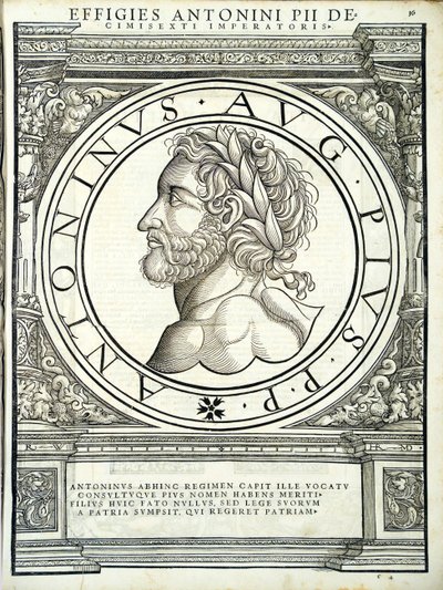 Antoninus Pius, Illustration aus Imperatorum romanorum omnium orientalium et occidentalium verissimae imagines ex antiquis numismatis von Hans Rudolf Manuel Deutsch